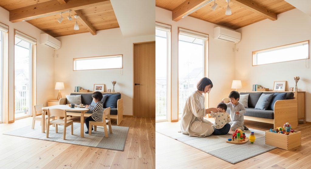 【自然素材 木の家 子育て間取り】比較から考える家事と育児が楽になる木造注文住宅